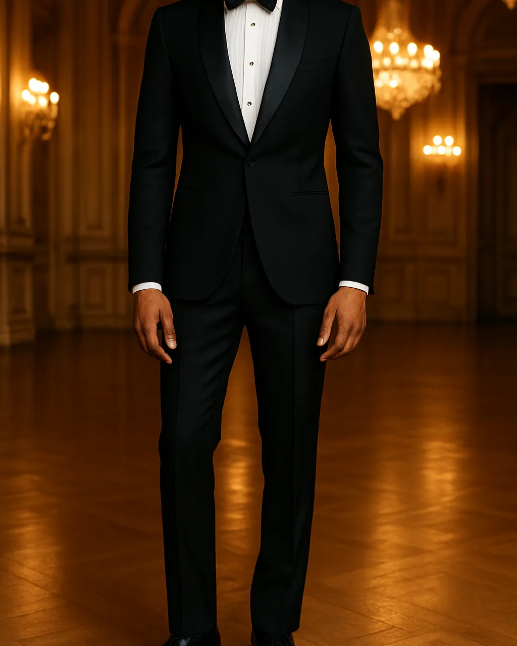 Indian man in a black tuxedo with shawl lapel and bow tie