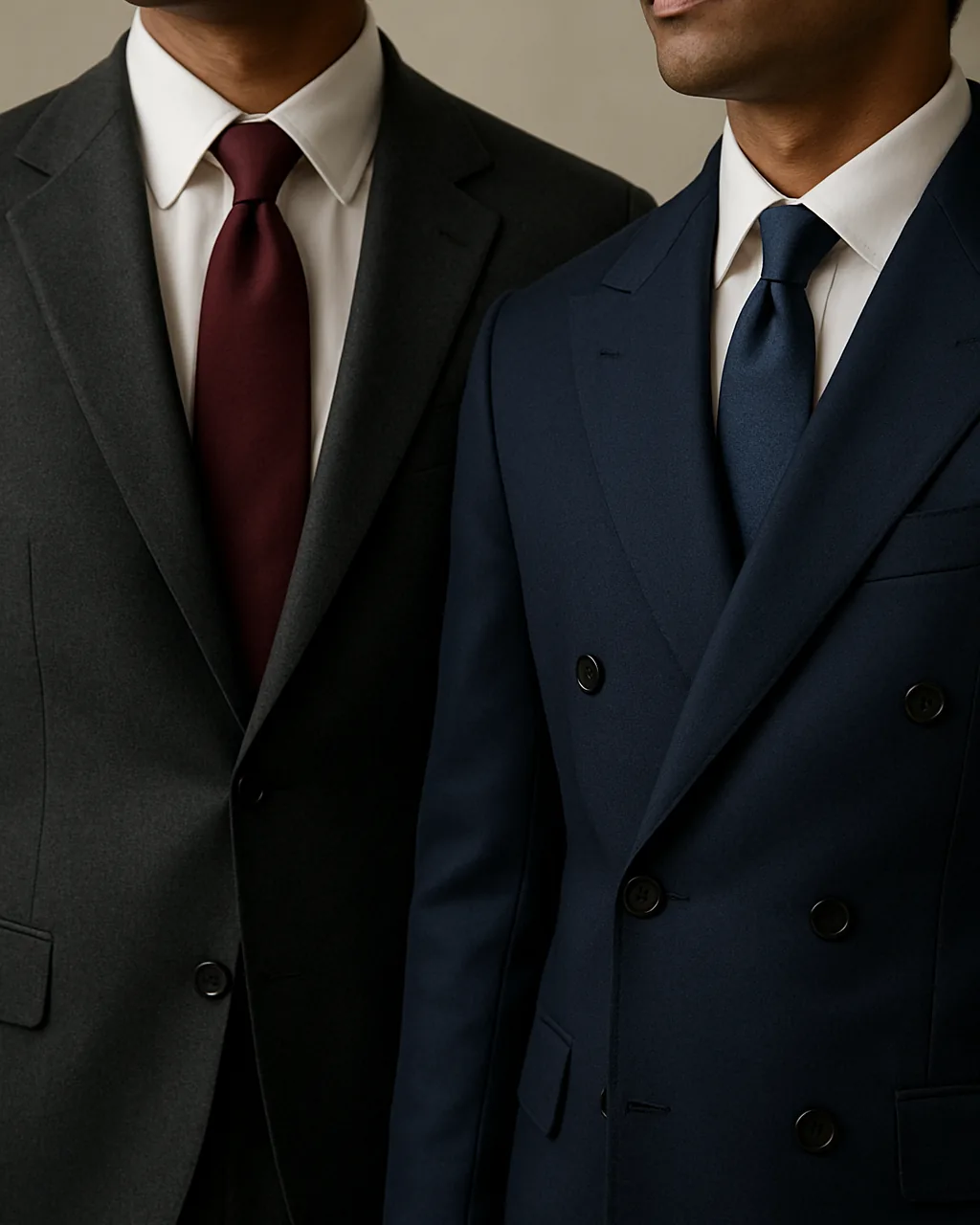 Close view of notch and peak lapels on two men's suit jackets