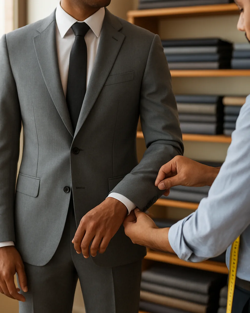 Tailor checking sleeve length on an Indian man's grey suit