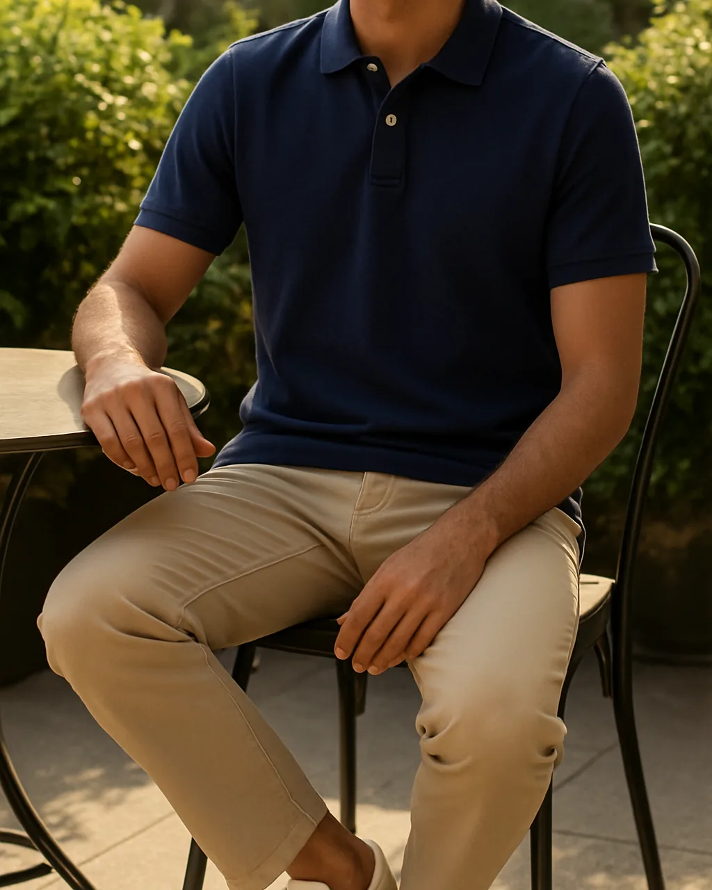 Navy polo t shirt for men worn with beige chinos at an outdoor cafe