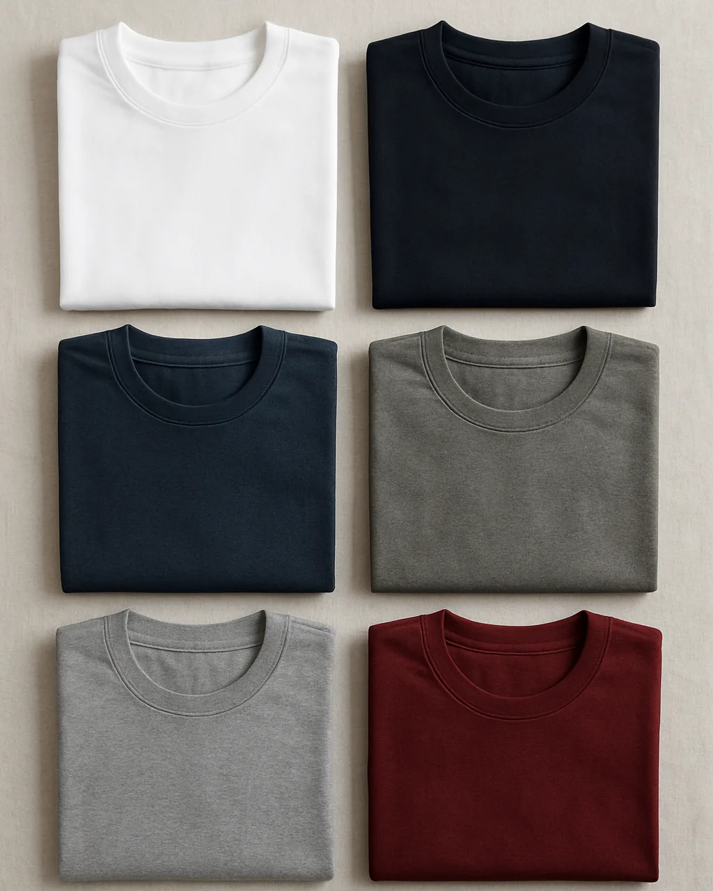 Folded t-shirts for men in white, black, navy, grey, olive and maroon
