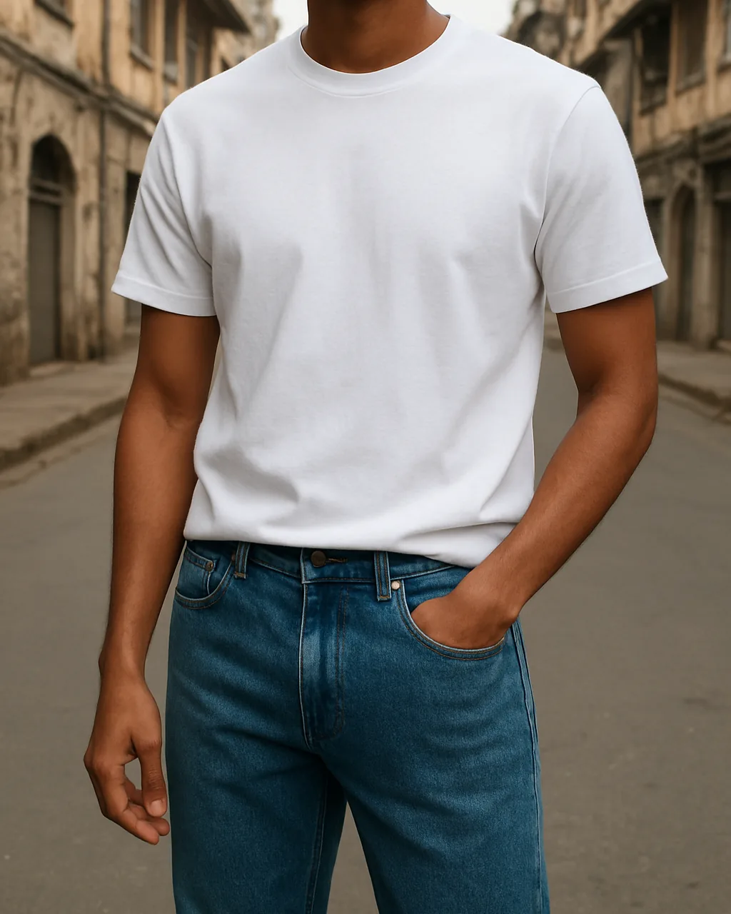 Indian man in a plain white crew neck t shirt for men with blue jeans on a city street
