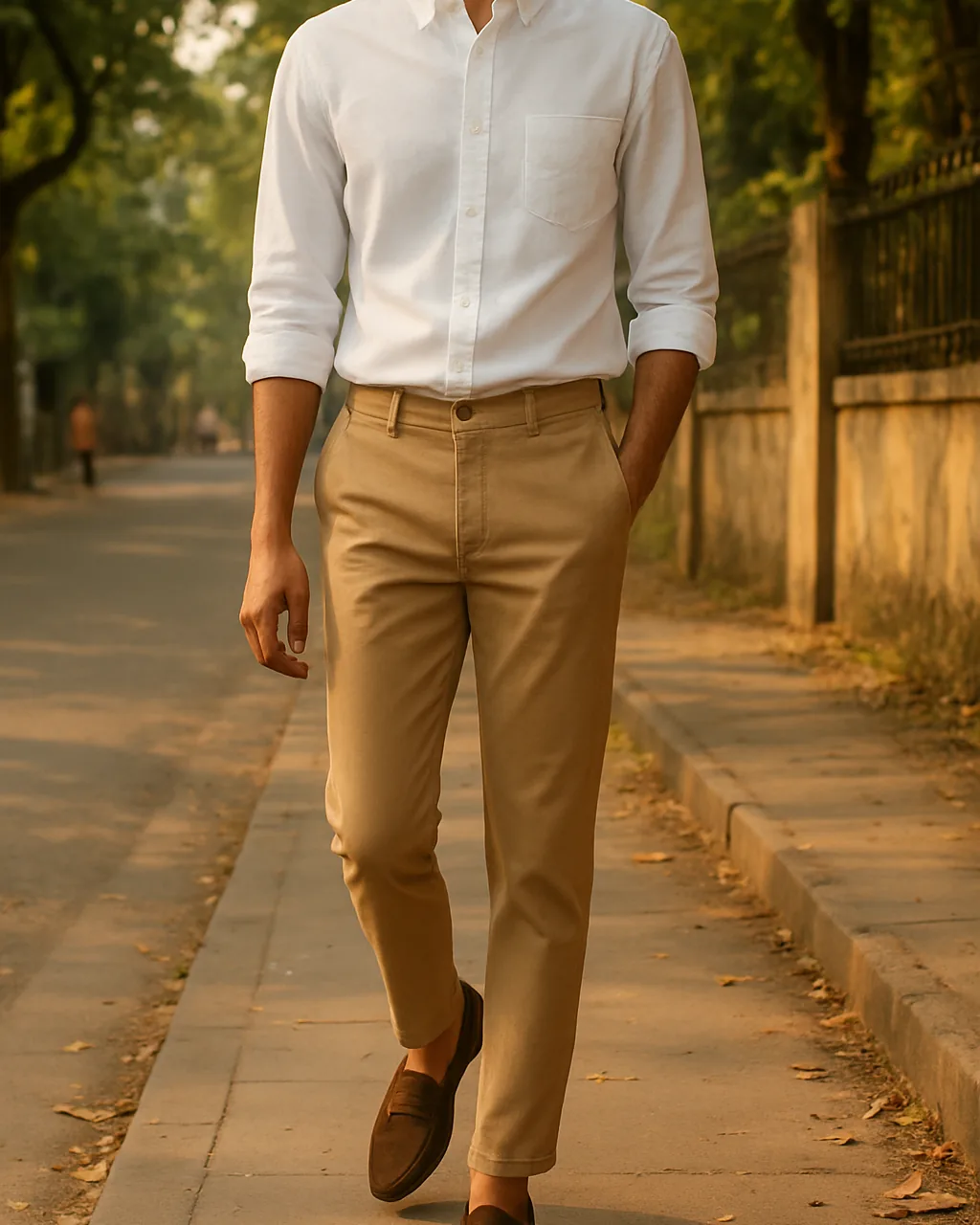 Indian man in beige chinos for men with a white oxford shirt and loafers