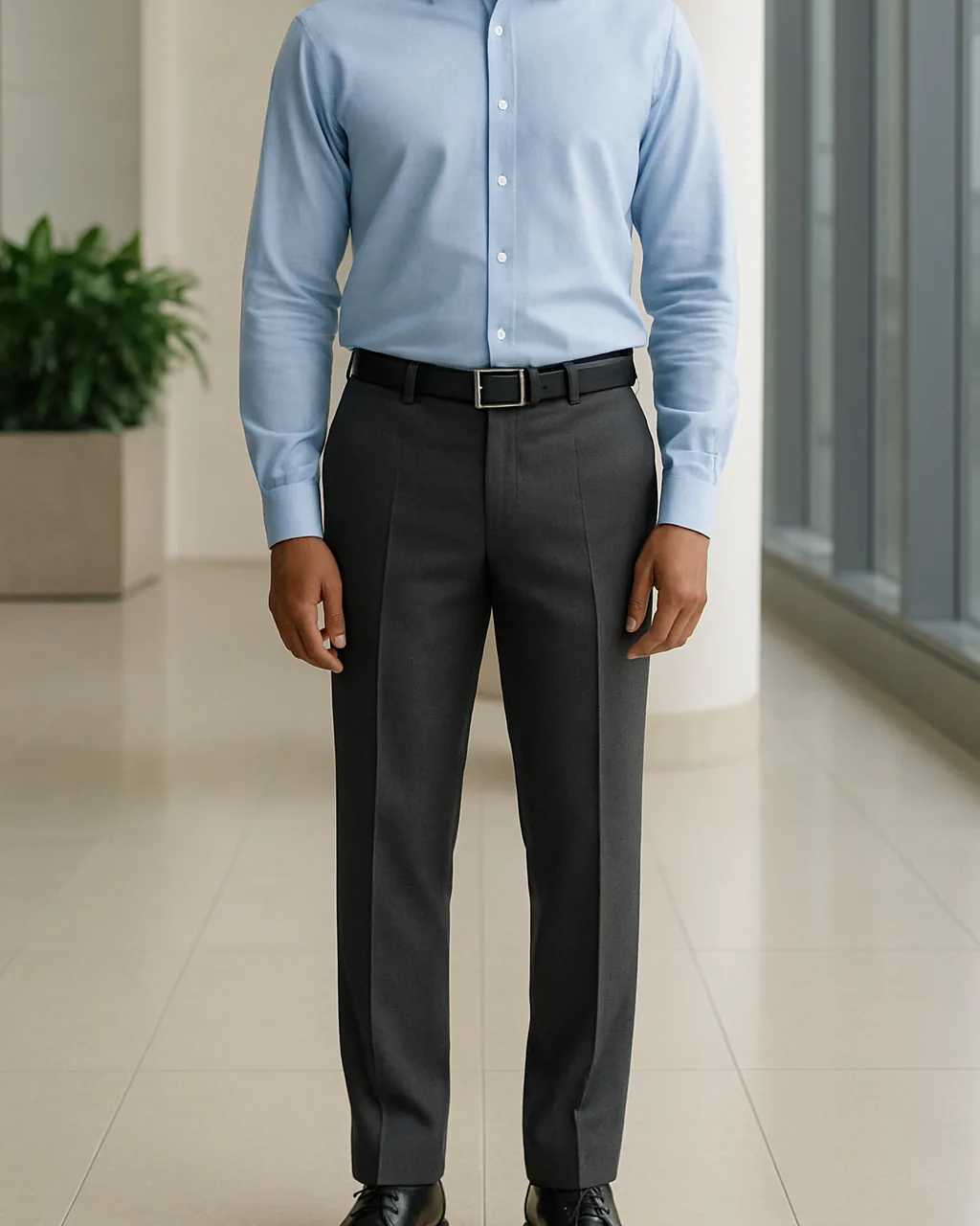 Indian man in charcoal formal trousers for men with a light blue shirt in an office
