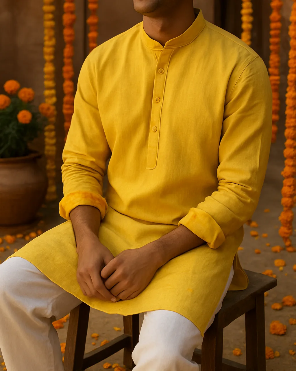 Indian man in a yellow cotton haldi kurta with turmeric marks