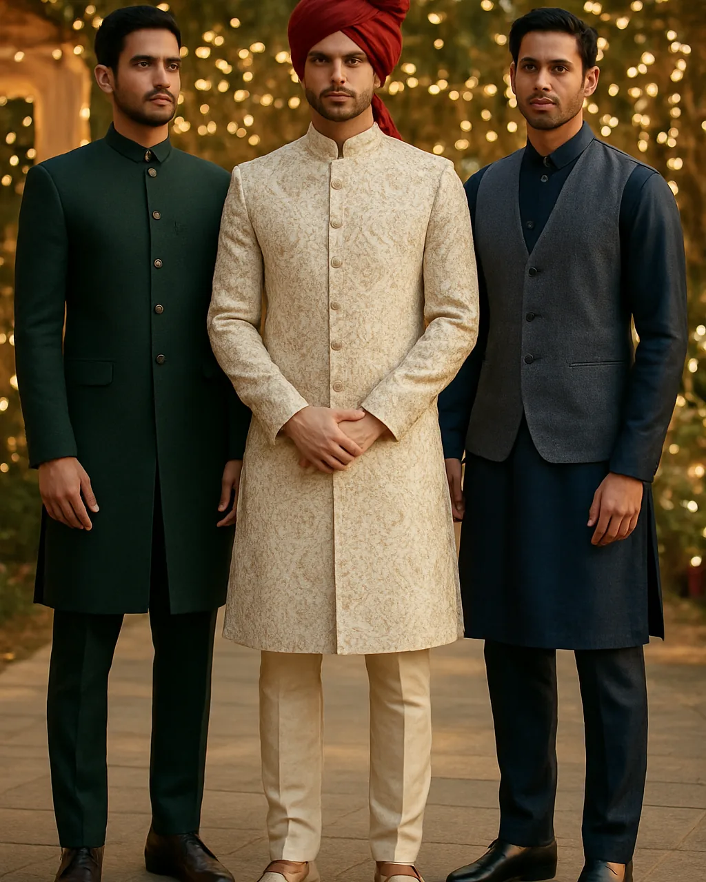 Three Indian men in coordinated wedding outfits: groom, brother and guest