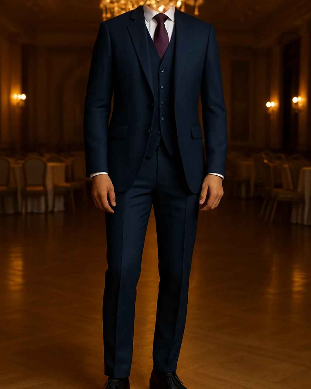 Indian man in a midnight blue three piece suit at a wedding reception