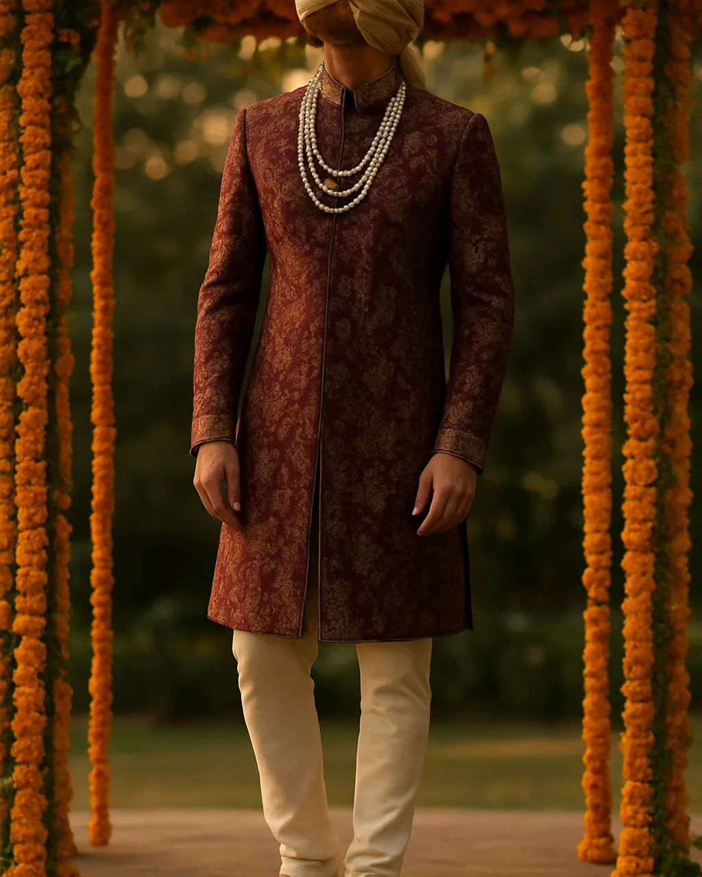 Indian groom in a maroon sherwani with a safa, a classic wedding dress for men